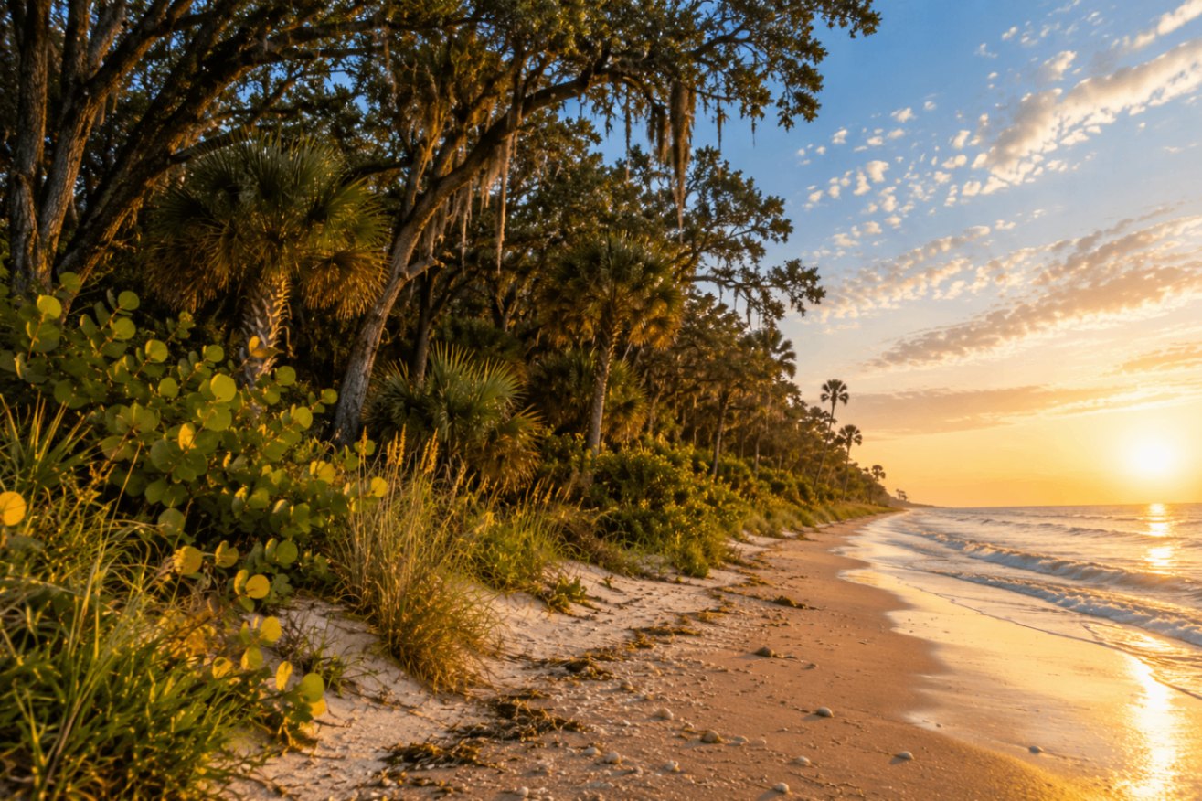 Anastasia State Park at sunset — moss-draped live oaks and palms leaning over a warm-lit Florida shore with sea grape and dune grasses along the sand.
