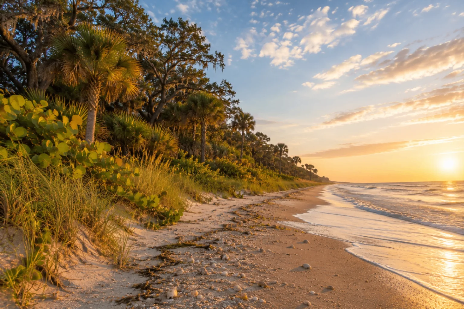 Anastasia State Park's dune-backed Atlantic beach near St. Augustine with coquina rock outcrops in the surf.