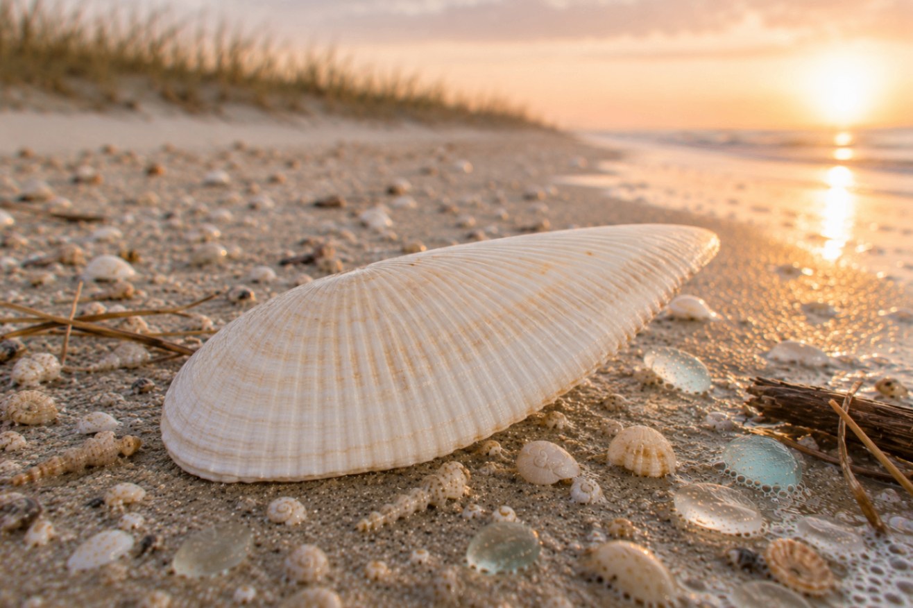 A delicate white angel wing shell (Cyrtopleura costata) — long, ribbed, wing-shaped valves on a neutral background.