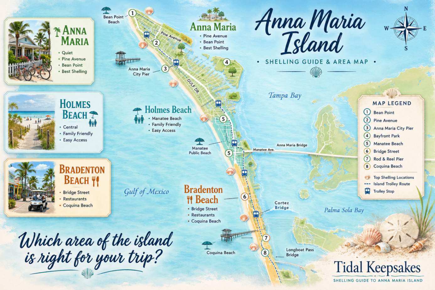 Anna Maria Island area map showing Anna Maria, Holmes Beach, Bradenton Beach, Bean Point, Manatee Beach, and Coquina Beach
