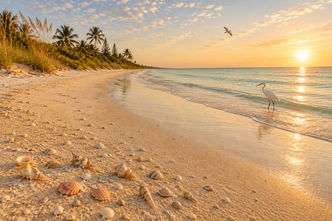 Anna Maria Island at sunset — a snowy egret at the surf line of turquoise Gulf water with a conch, scallop, sand dollar, and piece of sea glass on the powder-white sand beneath palms.
