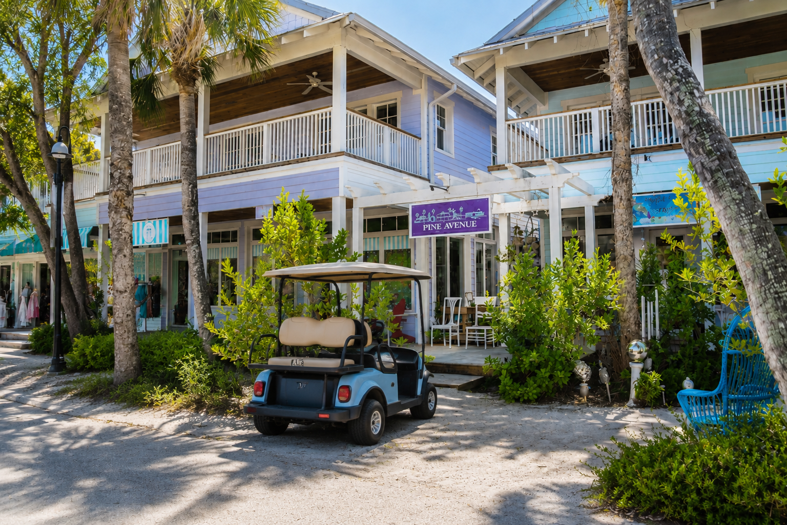 Pine Avenue on Anna Maria Island with colorful boutique cottages, palm trees, and bicycles