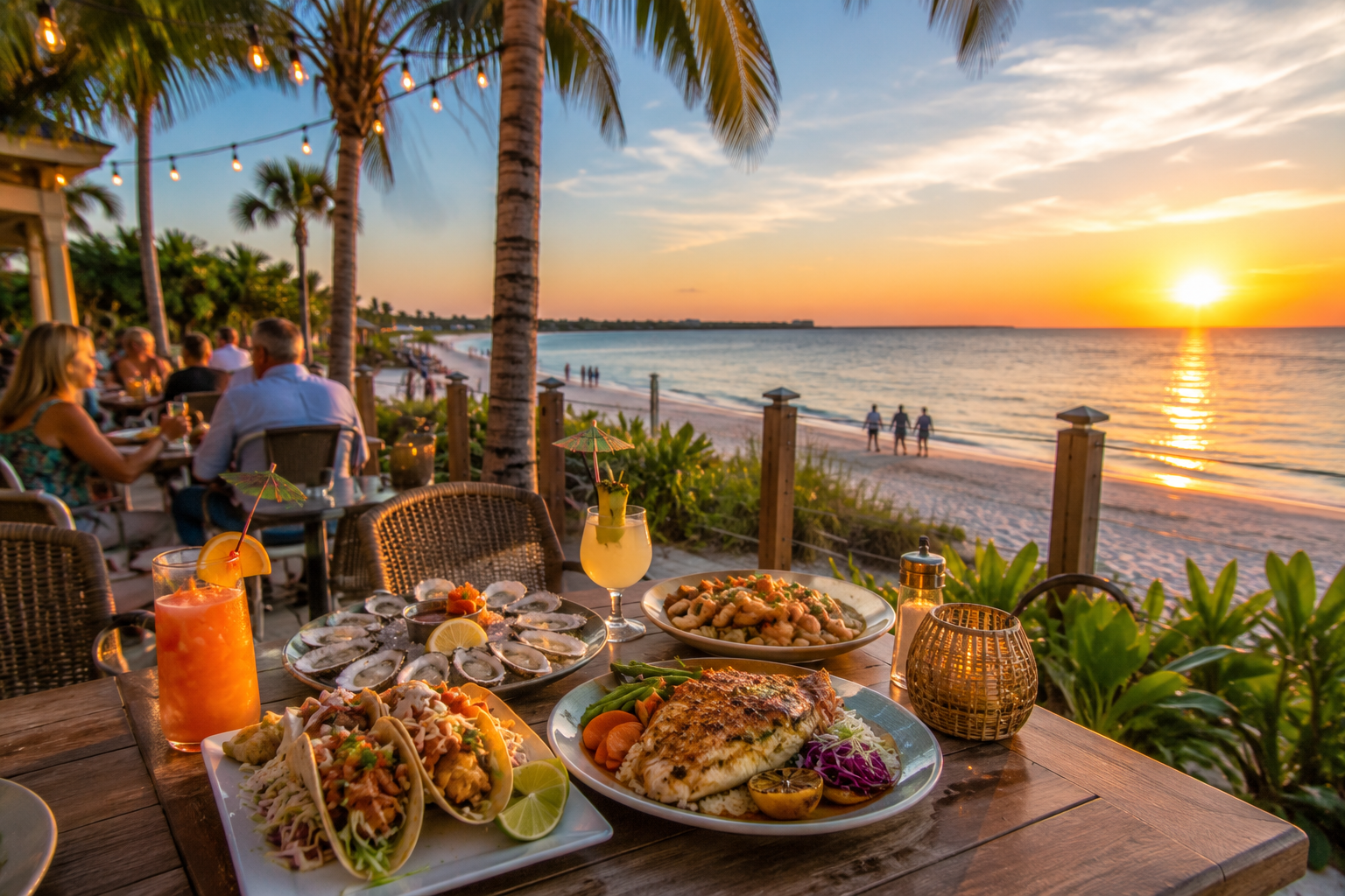 Waterfront Old Florida seafood restaurant deck on Anna Maria Island at golden hour overlooking the Gulf