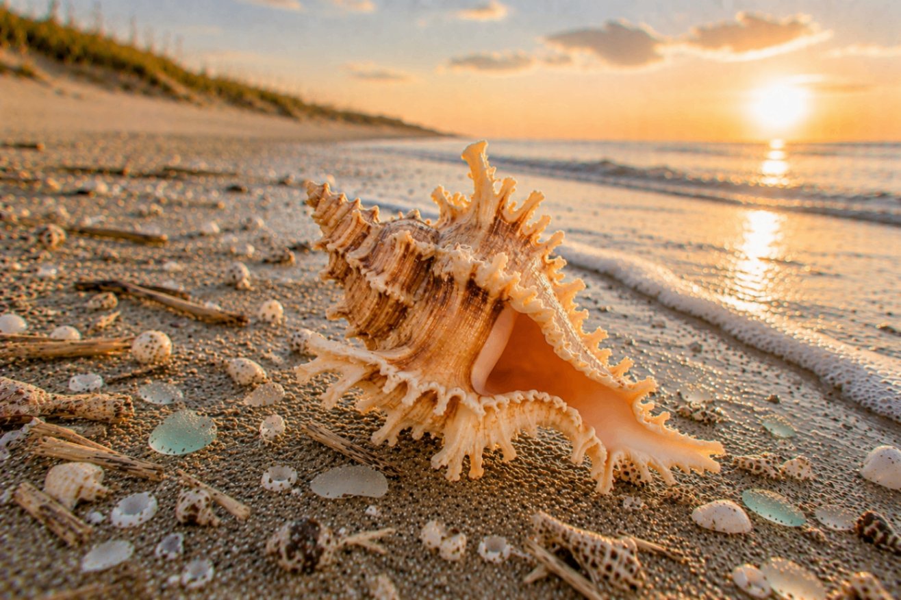 An apple murex shell with frilled, spiny ridges and a glowing peach aperture, resting on shell-strewn sand at sunset with sea glass and driftwood around it.