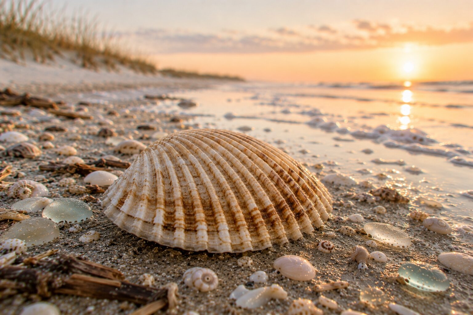 A ribbed ark shell — cream valve with warm brown banding along its radiating ribs — resting on sand at sunset with dune grasses and a shimmering tide line beyond.