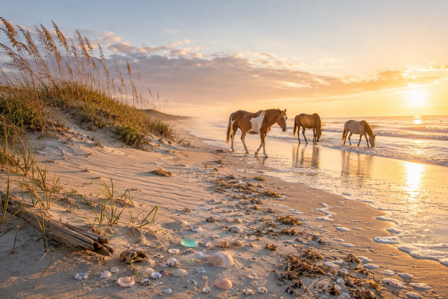 Assateague Island National Seashore at sunrise — wild ponies walking the tide line with sea oats on the dunes and a wrack line of shells and sea glass along the sand.