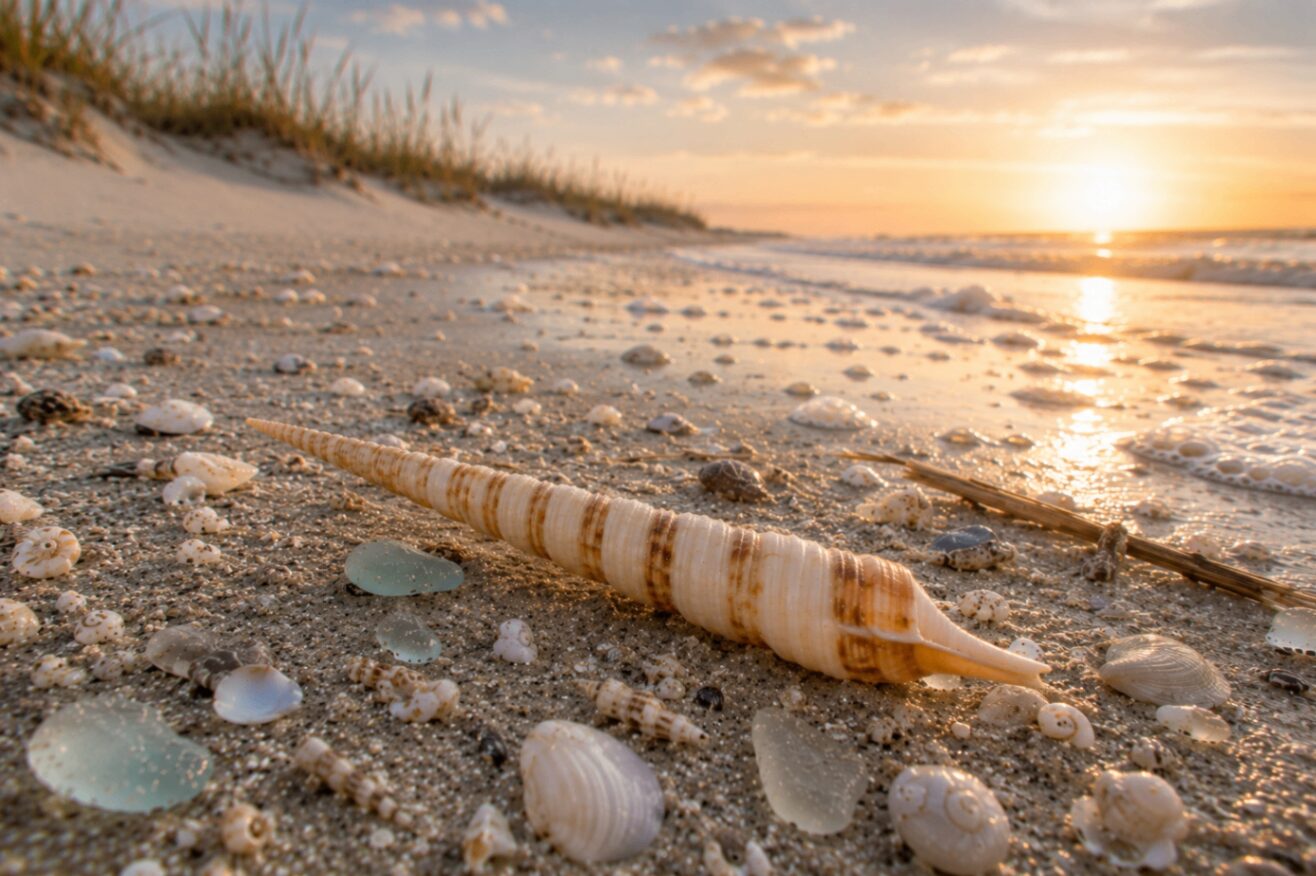 An Atlantic auger shell (Terebra dislocata) — a slender, high-spired specimen with fine spiral banding on a neutral background.
