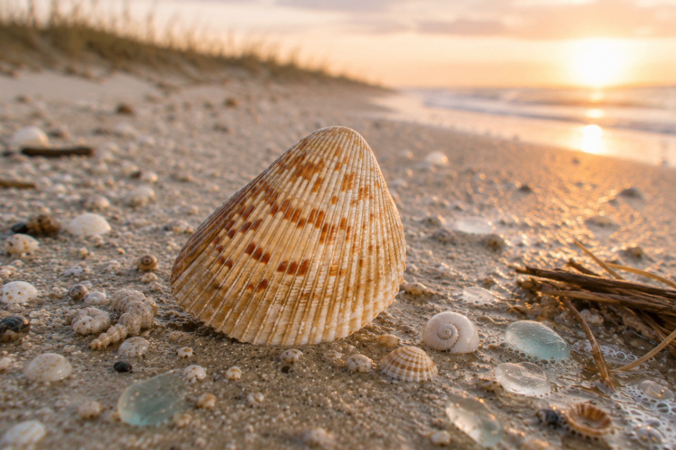 An Atlantic giant cockle (Dinocardium robustum) showing its heart-shaped ribbed valves in warm cream and brown.