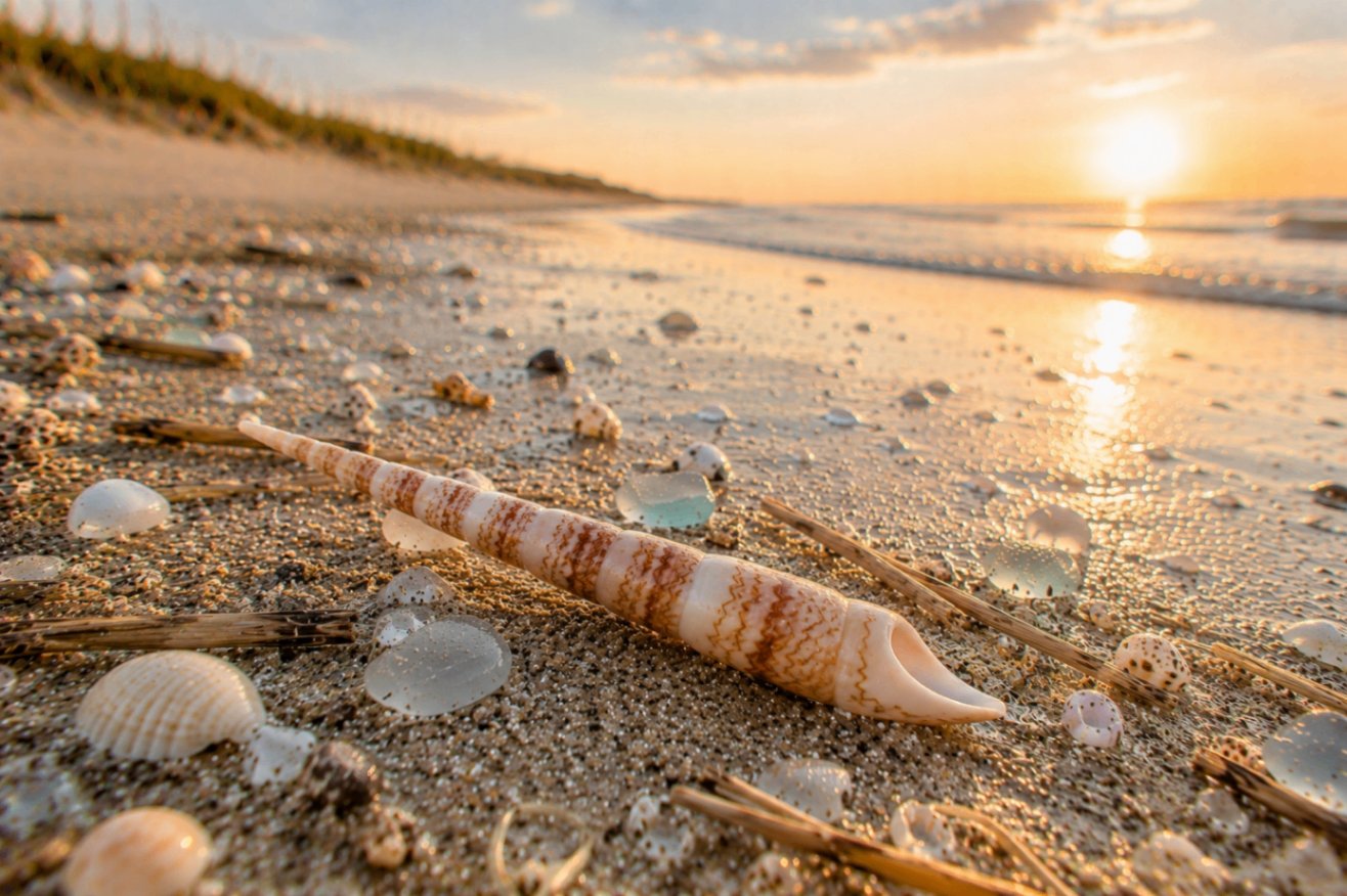 A slender auger shell with fine reddish-brown zigzag banding lying on damp sand at sunset, surrounded by tiny shells and sea glass.
