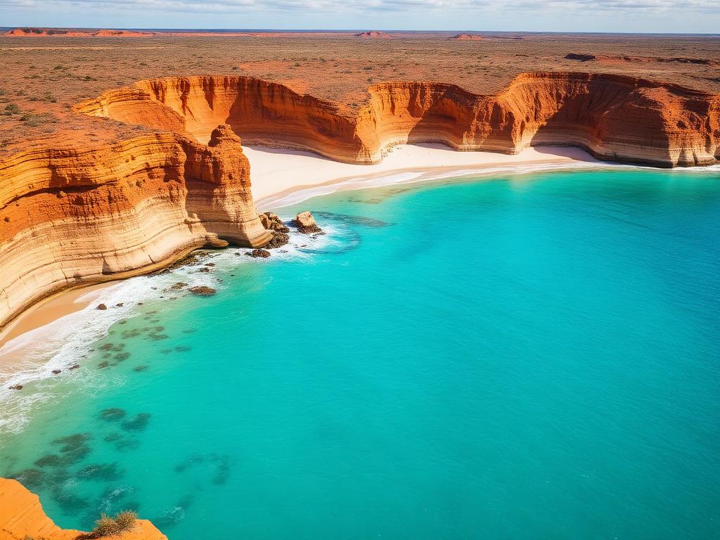 A dramatic Western Australia coastline with turquoise water, red rock cliffs, and white sand