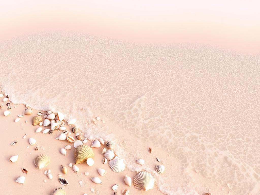 A pink sand beach in the Bahamas scattered with shells beside brilliant turquoise water