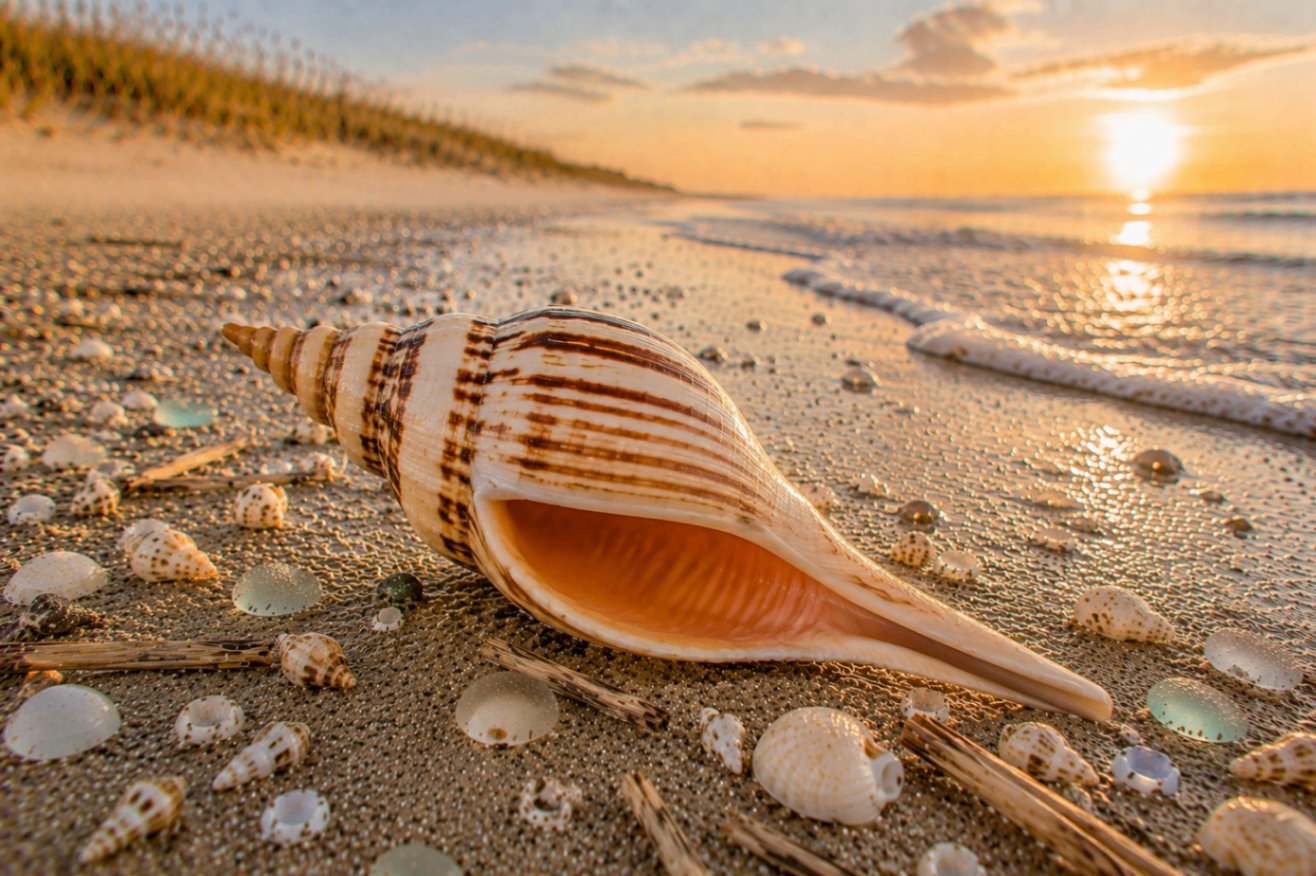 A banded tulip shell — cream body with bold dark spiral bands and a glowing peach aperture — resting on sand at sunset with dune grasses beyond.