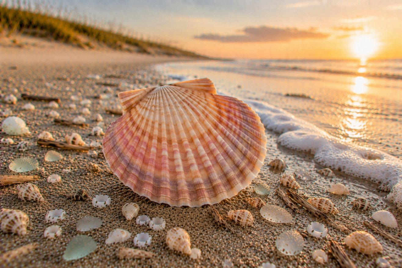 A bay scallop shell in soft pinks, corals, and cream ribs resting on wet sand at sunset with foam and shimmering tide line beyond.