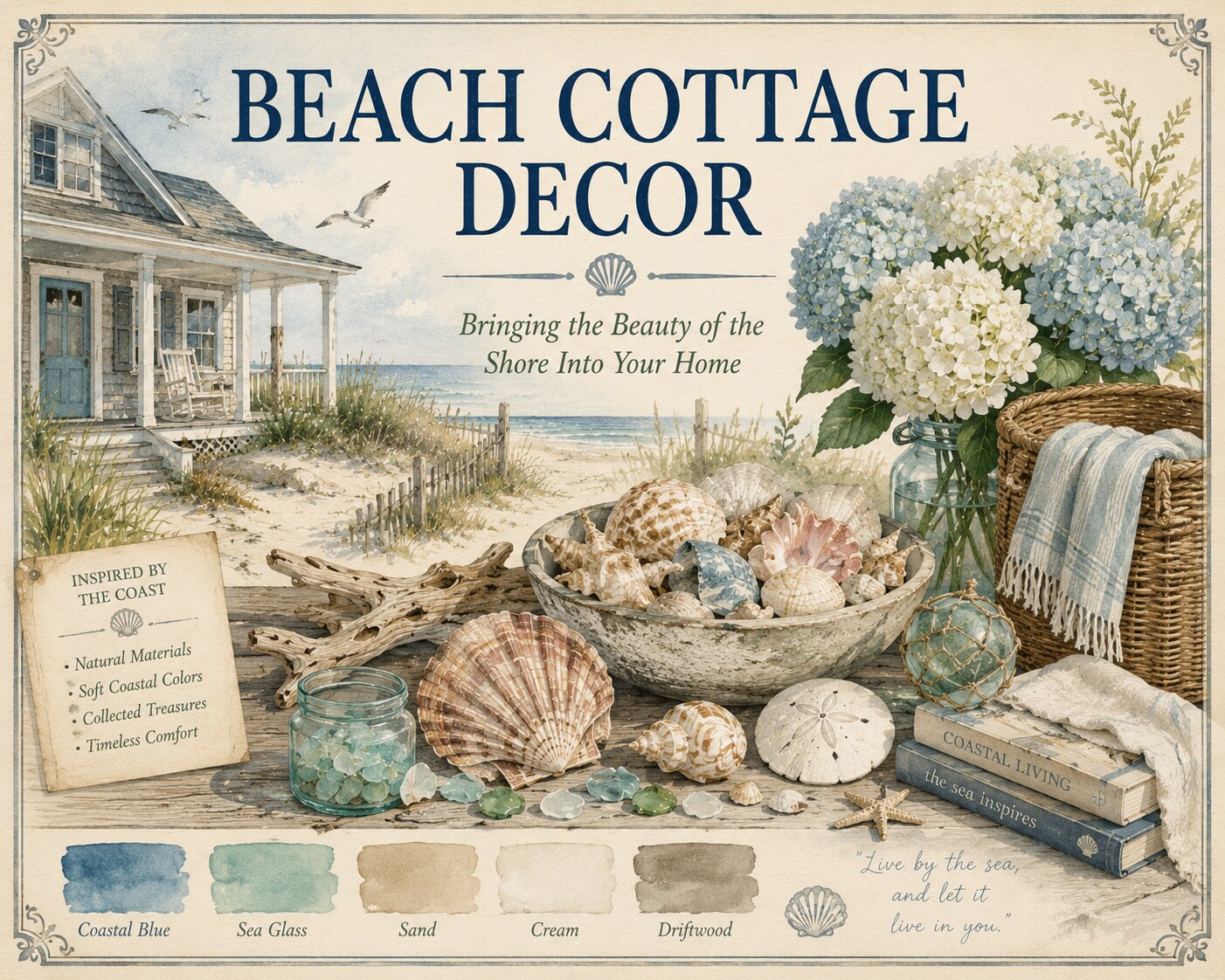 Bright, airy beach cottage living room with a white slipcovered sofa, jute rug, driftwood coffee table, and ocean-view windows