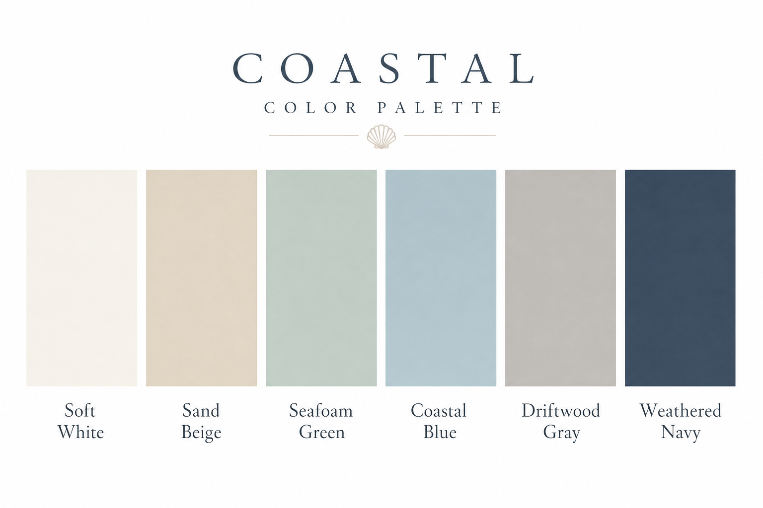 A coastal color palette of soft white, sand beige, seafoam green, coastal blue, driftwood gray, and weathered navy