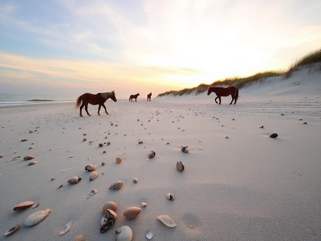 Assateague Island Maryland seashore with wild ponies and shells in the sand