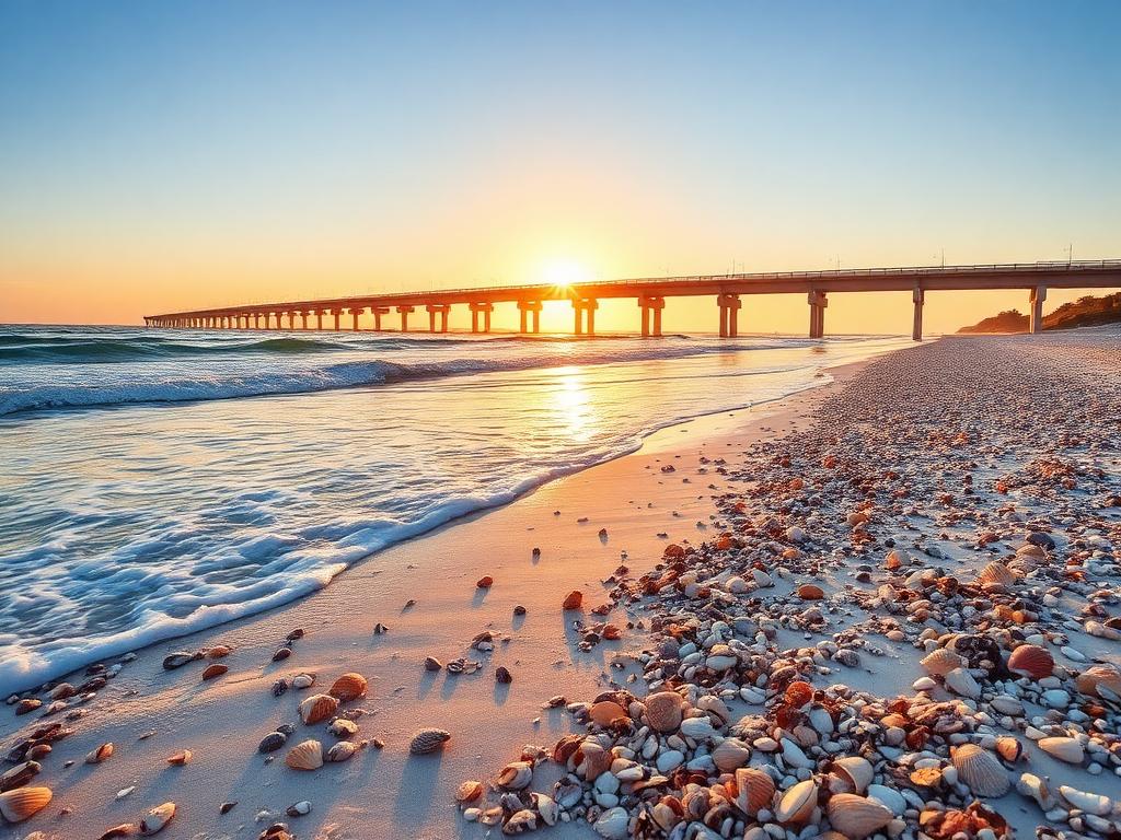 Blind Pass beach at the bridge between Sanibel and Captiva at sunrise with shells in the sand