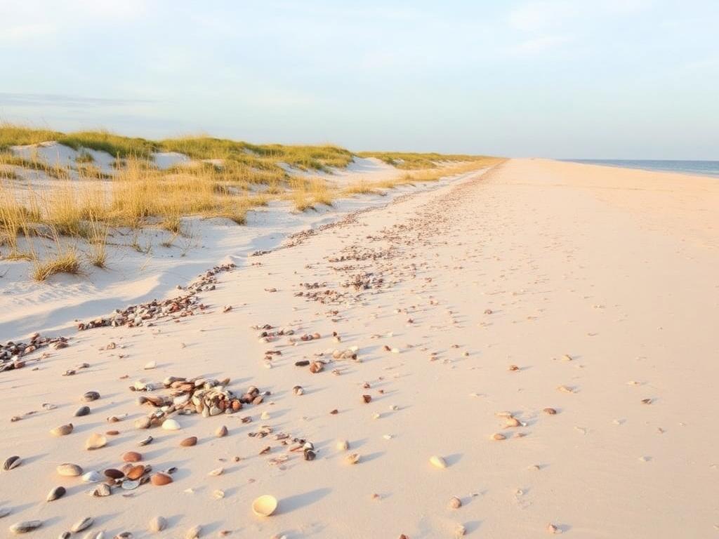 Wide natural Bowman's Beach on Sanibel with dunes and a long wrack line of shells