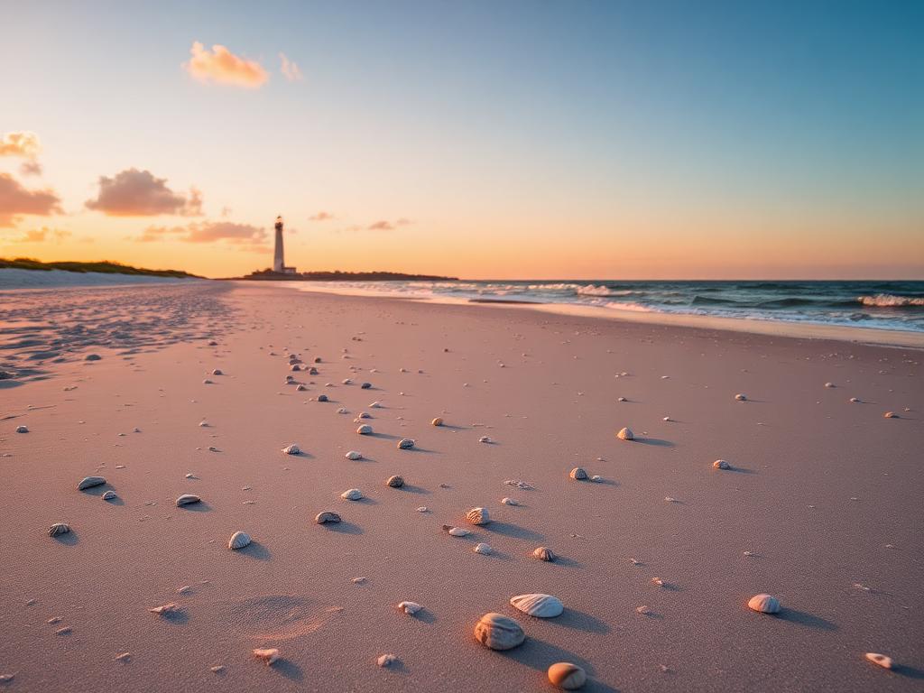 Lighthouse Beach at the eastern tip of Sanibel Island with the historic lighthouse at sunrise