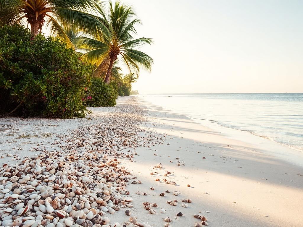 Calm family-friendly Tarpon Bay Beach on Sanibel with palms and piles of shells
