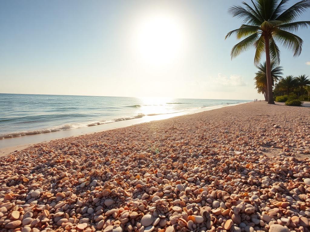 Sanibel Island Florida beach at golden morning light densely covered with seashells