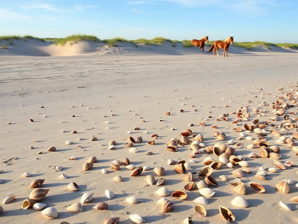 Wild Assateague Island beach with grazing wild ponies and whelks and clams in the sand