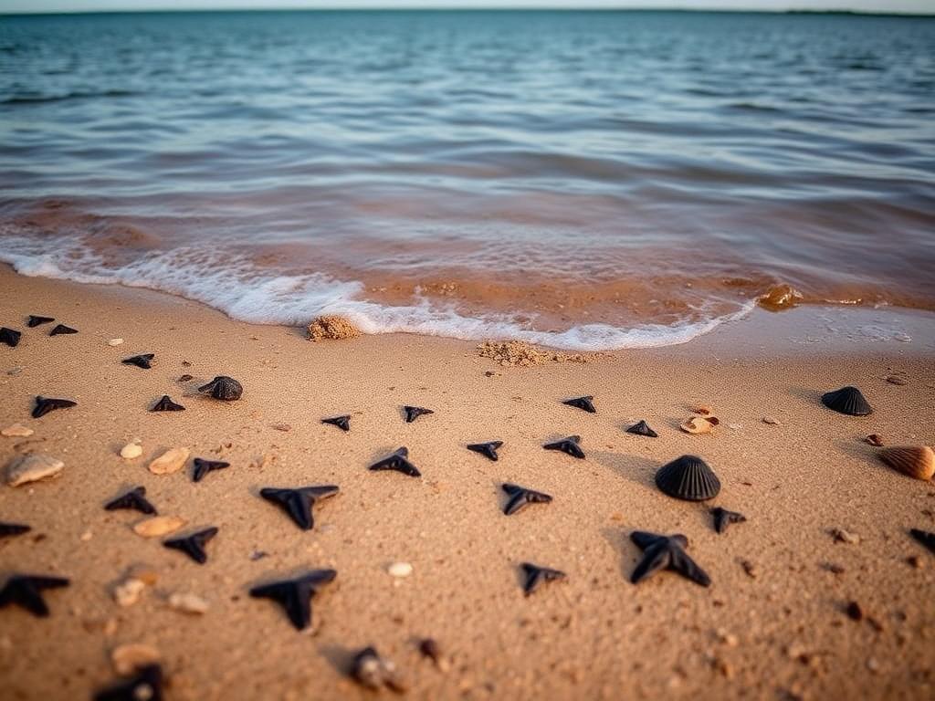 Quiet Potomac River beach at Purse State Park with dark fossilized shark teeth in the sand