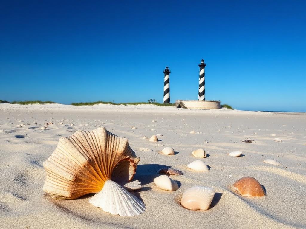 Cape Lookout beach with the diamond-patterned lighthouse and large whelk shells