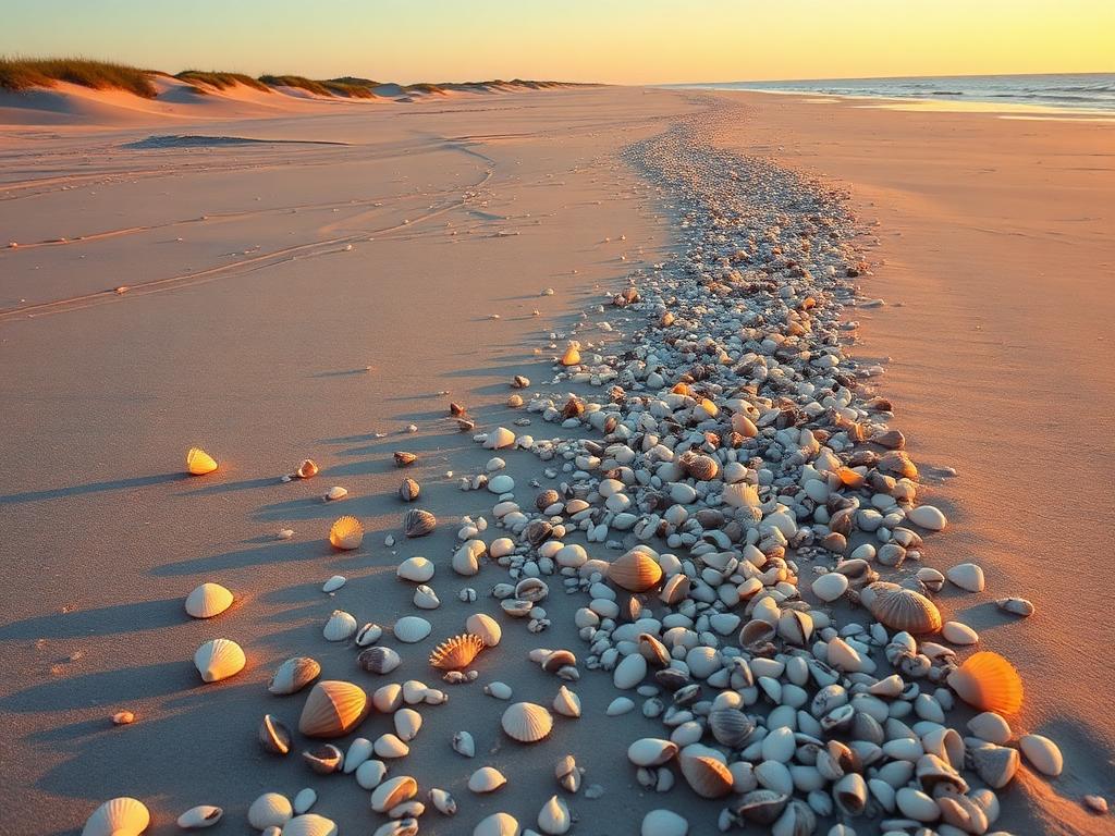 Remote Ocracoke Island beach at sunrise with a long line of whelk and bonnet shells