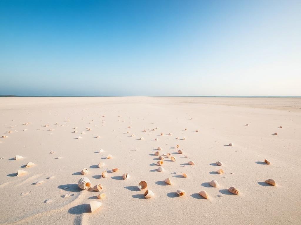 Empty pristine Portsmouth Island beach with unpicked shells across clean sand