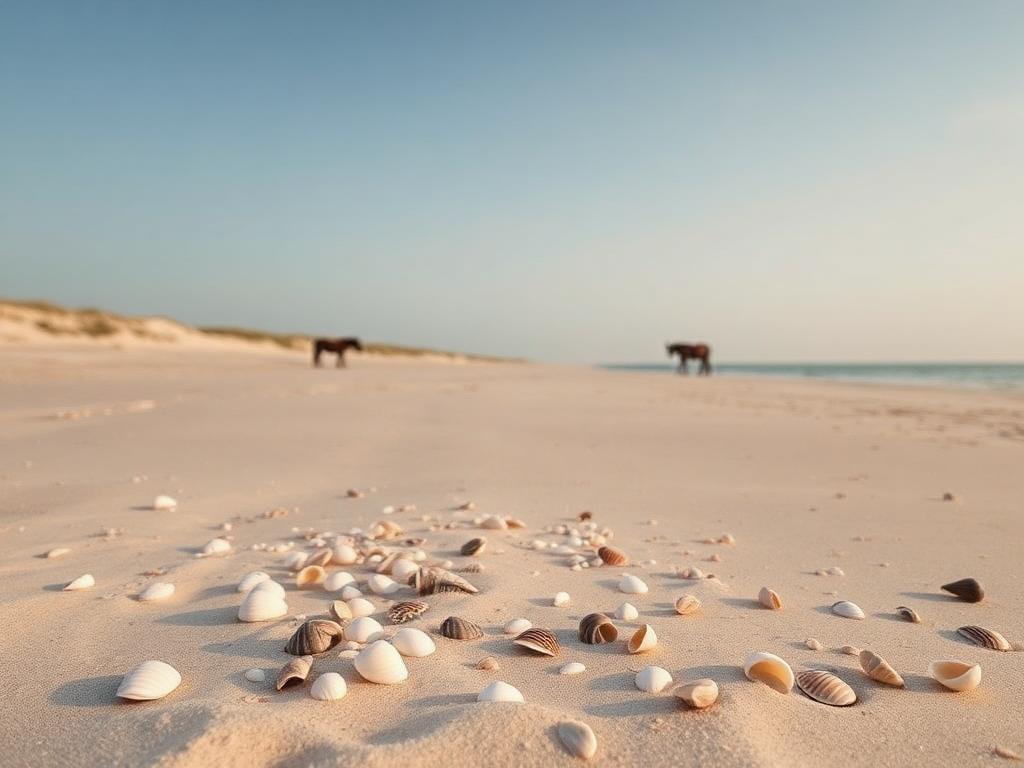Wild Shackleford Banks beach with grazing wild horses in the distance and shells in the foreground