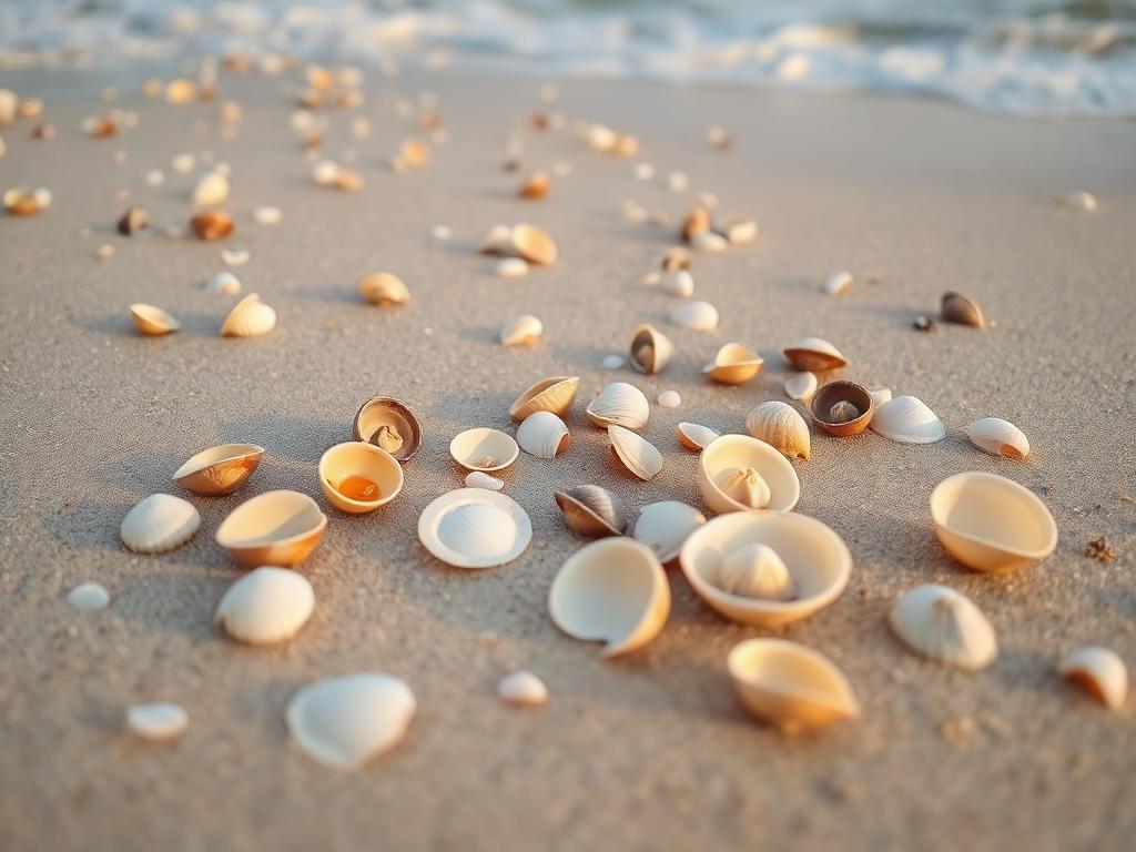 Cape May New Jersey shore with whelks, clam shells and clear quartz pebbles
