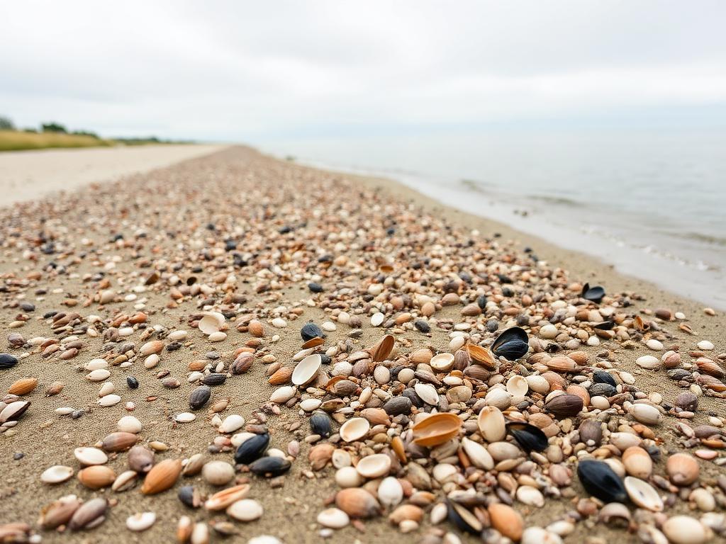 Calm bay-side beach at Bayshore Waterfront Park covered with slipper shells and clams
