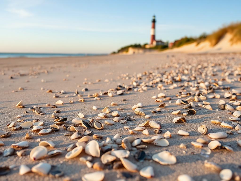 Cape May Point State Park beach with the lighthouse and shells with quartz pebbles