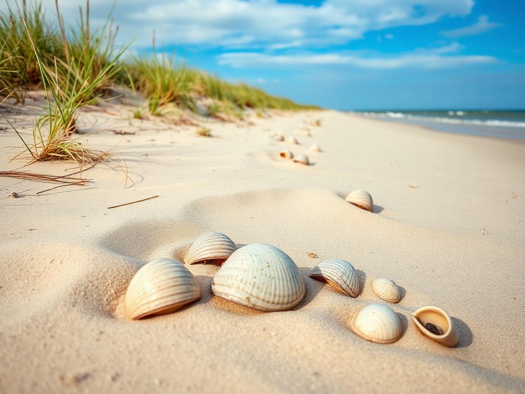 Wild Island Beach State Park shoreline with dunes, beach grass and surf clams