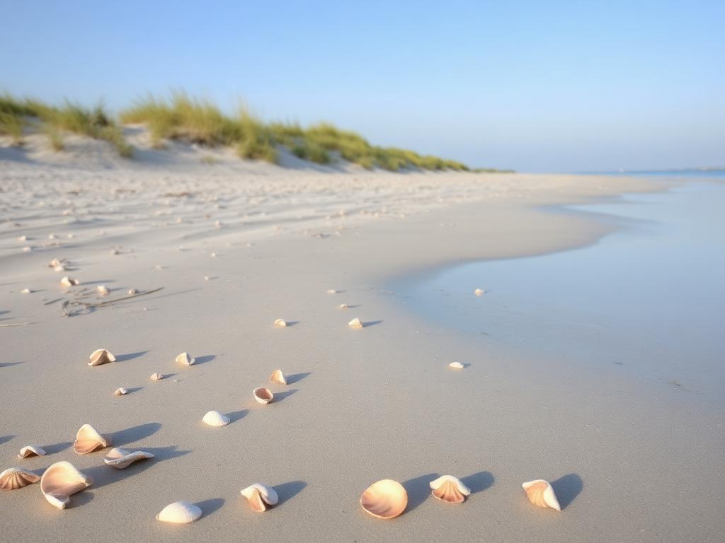 Undeveloped Stone Harbor Point with wild dunes and conch shells at low tide