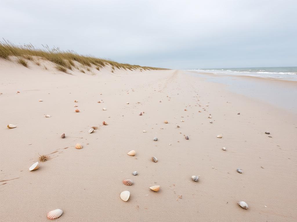 Wide undeveloped North Carolina Outer Banks beach with dunes and whelk shells