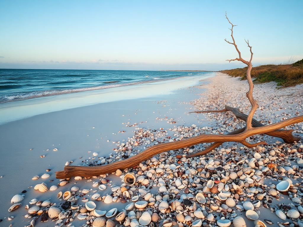 Remote pristine Bulls Island beach with driftwood and abundant untouched shells