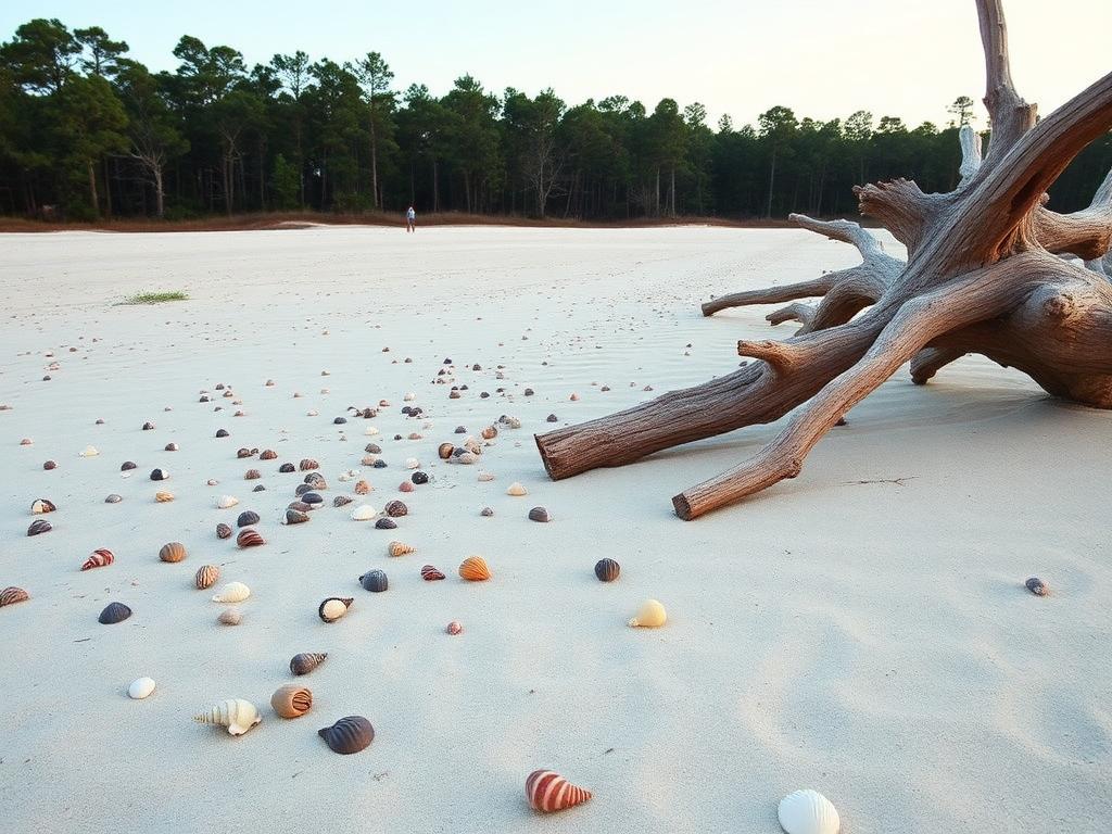 Edisto Beach State Park shoreline with driftwood and shells backed by maritime forest