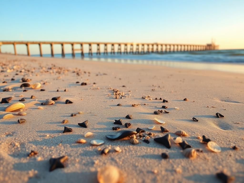 Folly Beach near Charleston at low tide with a fishing pier, shells and shark teeth