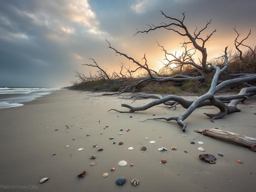 Dramatic eroding boneyard shoreline at Hunting Island with sand dollars and shells