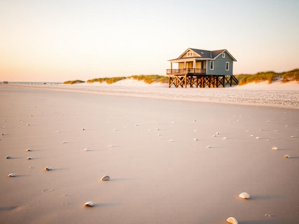 Quiet Pawleys Island beach with a stilted beach house and clam shells in the sand
