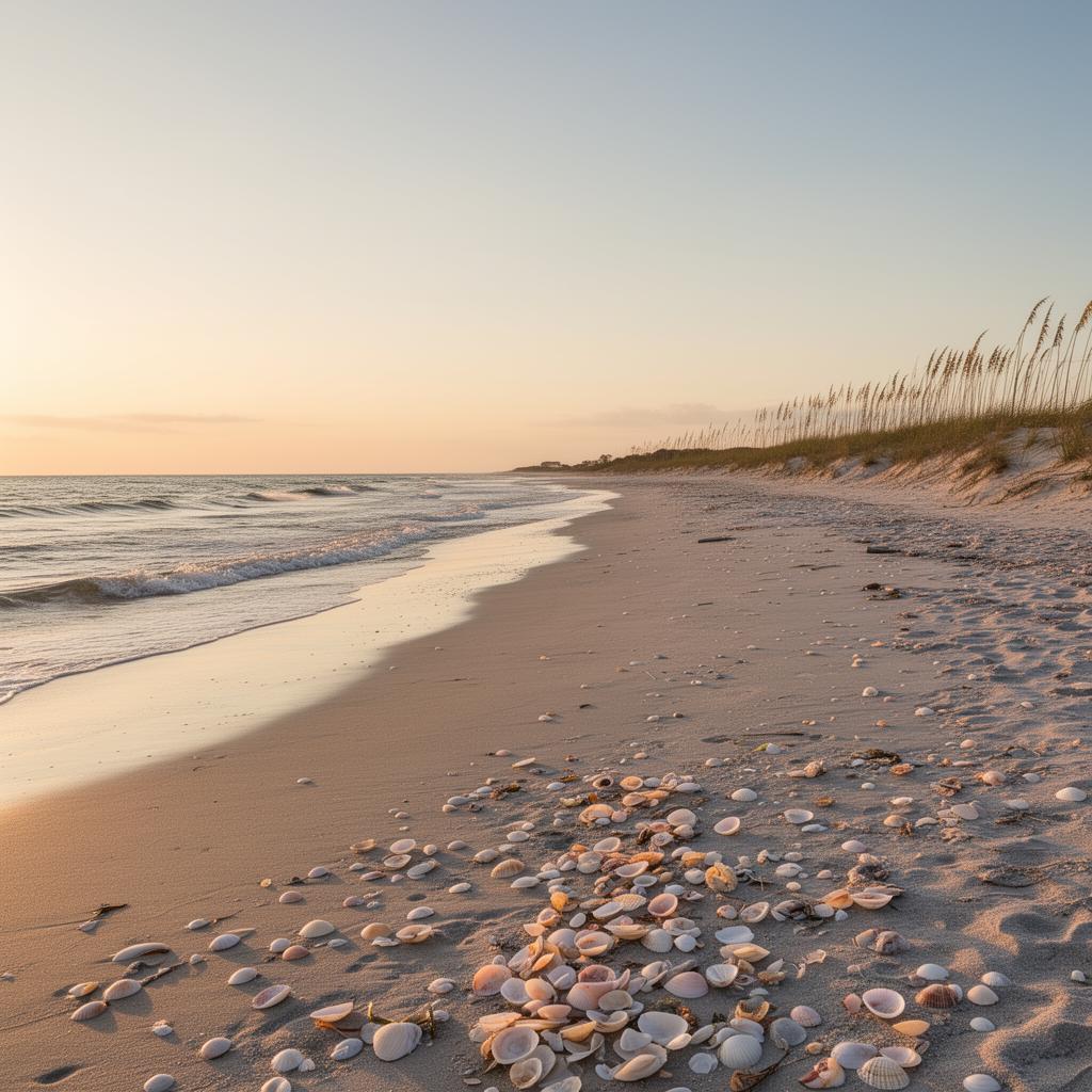 South Carolina Lowcountry beach at low tide with glossy olive shells in the sand
