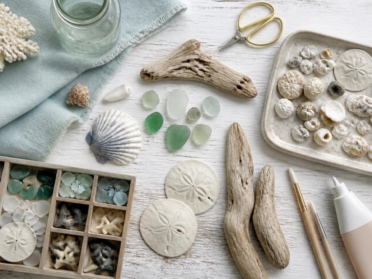 Overhead flat lay of seashells, sea glass, shark teeth, driftwood, sand dollars, and coastal craft supplies on a whitewashed wood table