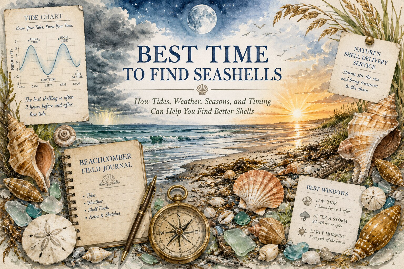 Watercolor beachcombing collage titled Best Time to Find Seashells, featuring a tide chart, full moon over a stormy and sunrise shoreline, a beachcomber field journal, brass compass, and seashells, sand dollars, and sea glass scattered across the sand