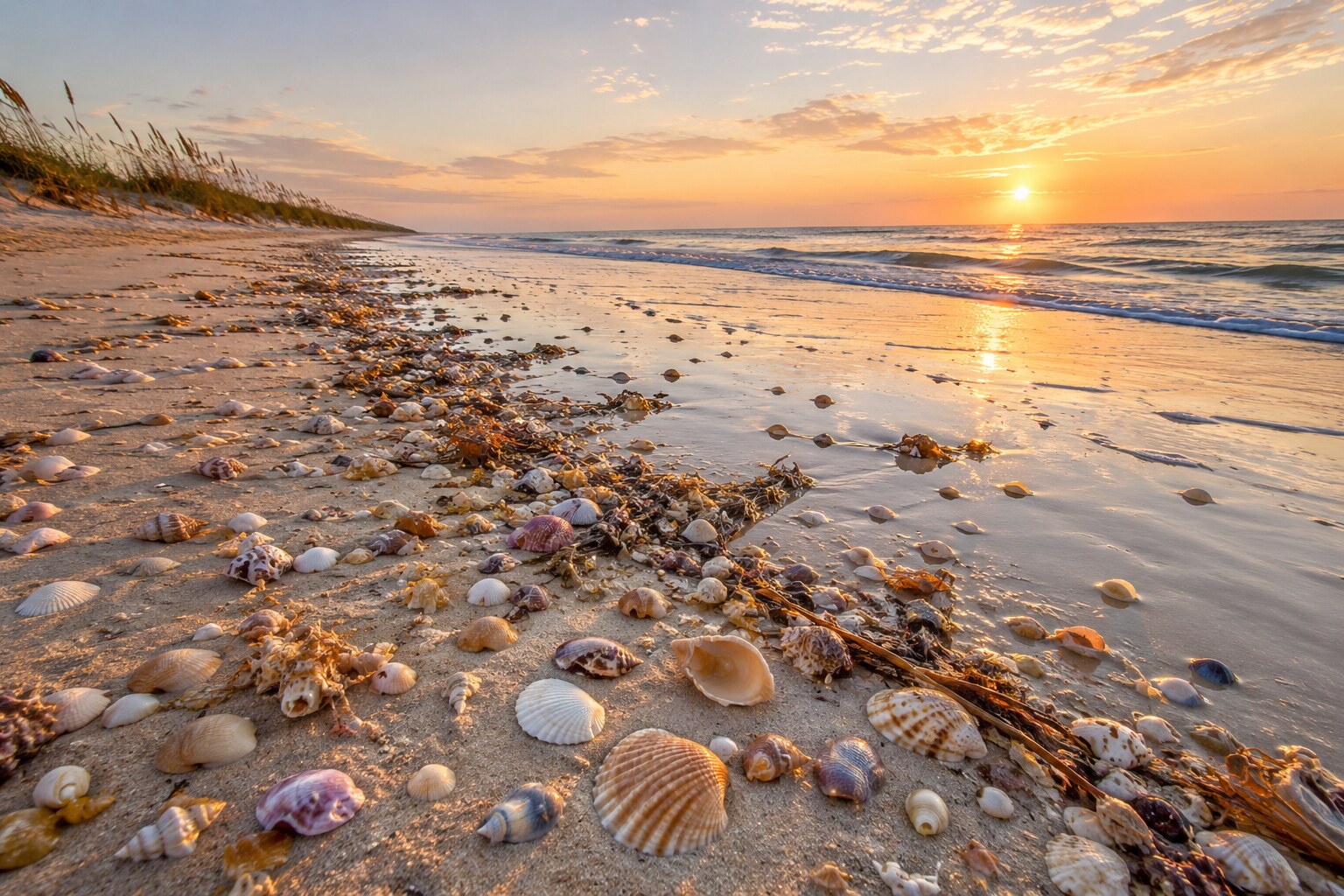 Watercolor beachcombing collage titled Best Time to Find Seashells, featuring a tide chart, full moon over a stormy and sunrise shoreline, a beachcomber field journal, brass compass, and seashells, sand dollars, and sea glass scattered across the sand