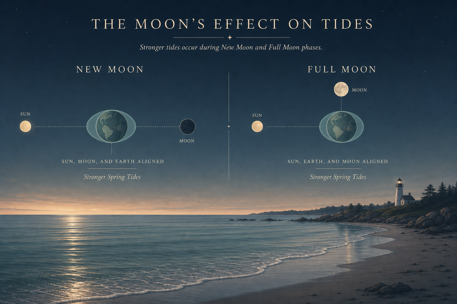 Illustration of the moon's phases and how new and full moons create stronger spring tides