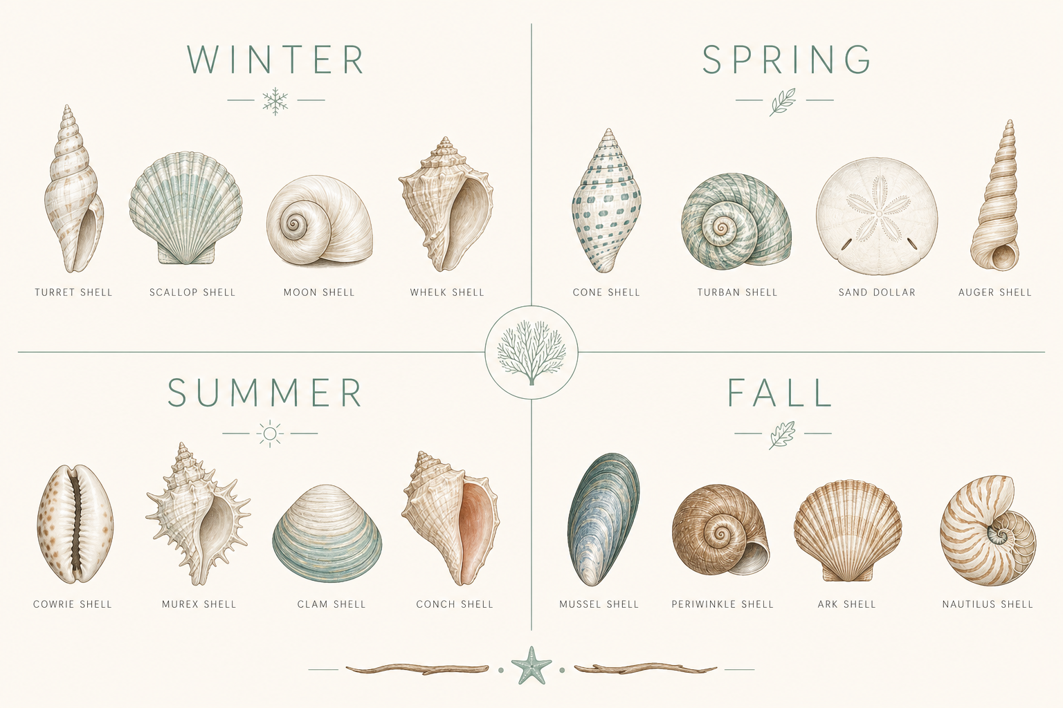 Four-season shelling infographic showing the best finds for winter, spring, summer, and fall