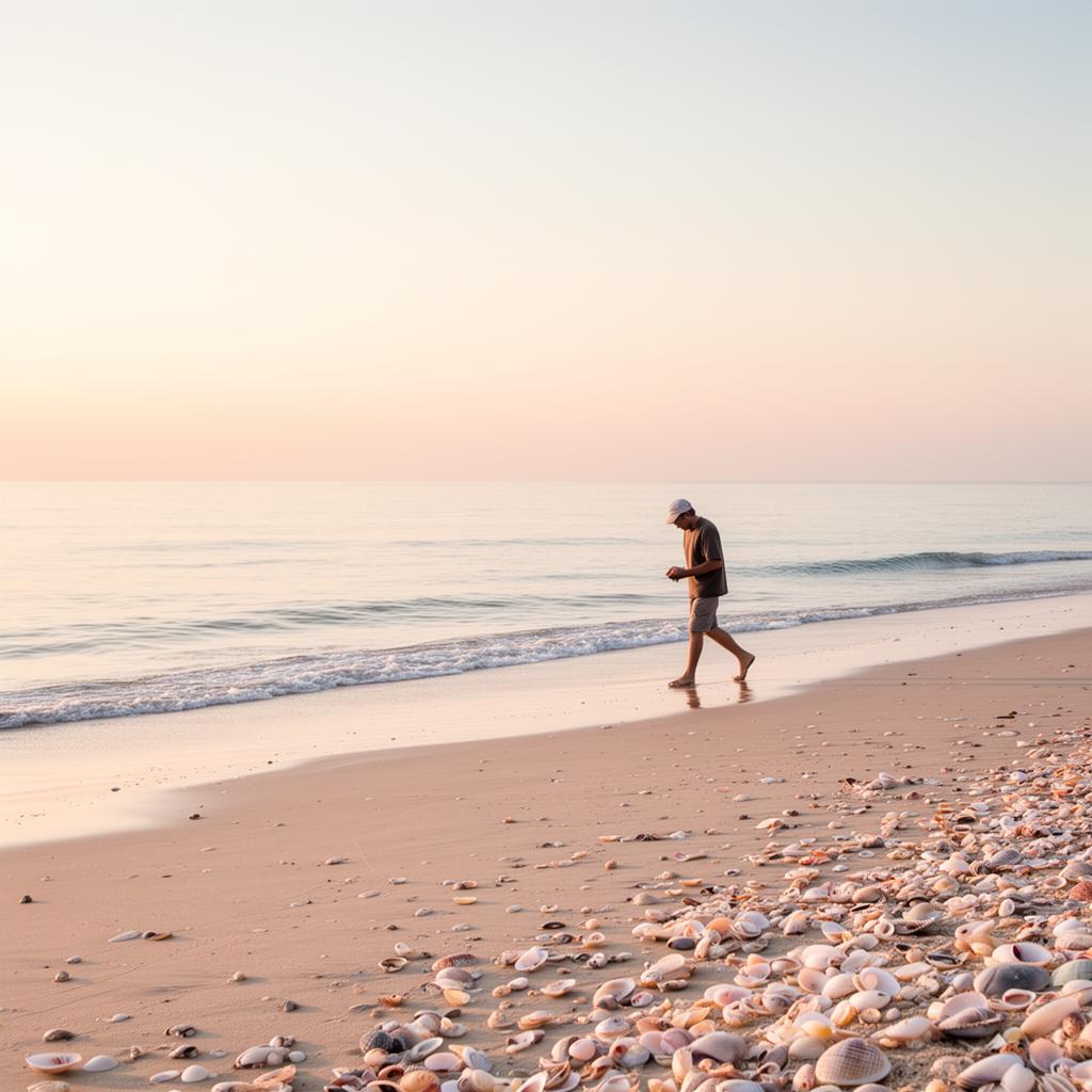 Solitary beachcomber searching the shoreline at sunrise for fresh overnight shell deposits