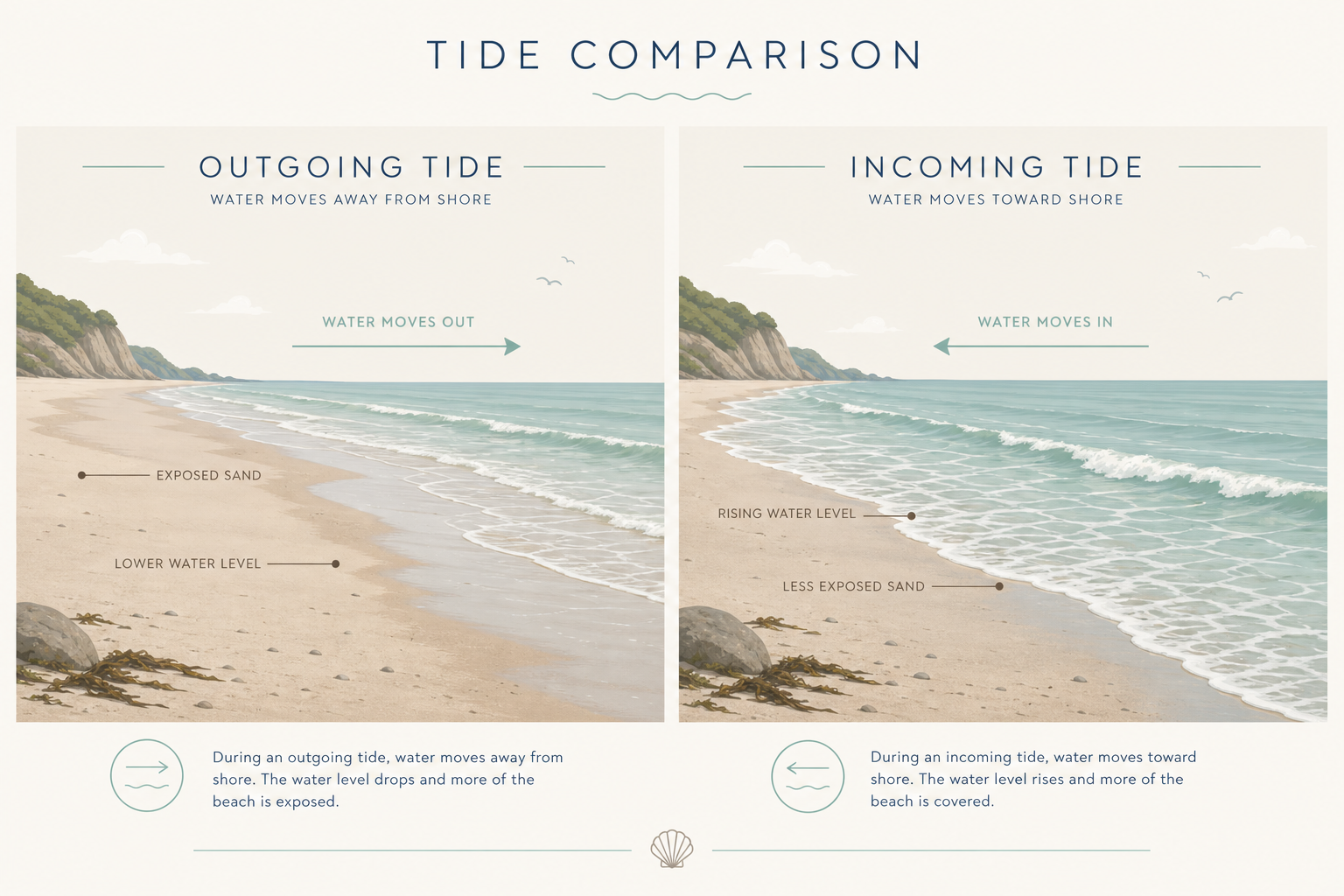 Illustrated comparison of outgoing and incoming tides and how each exposes or delivers shells